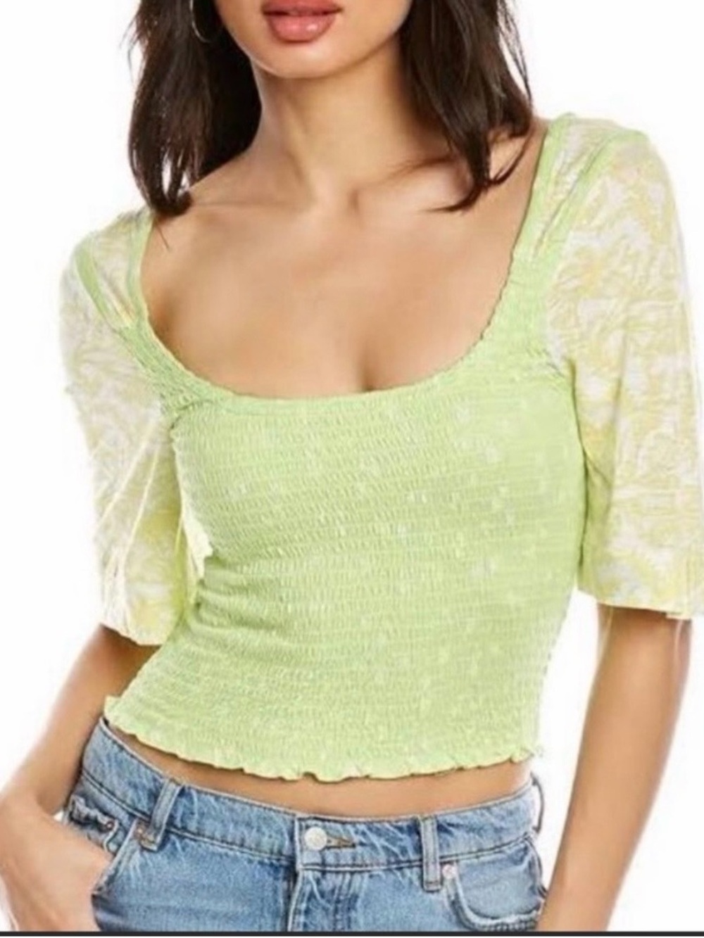 Free People Marigold Lime Smocked Square-Neck Crop Top